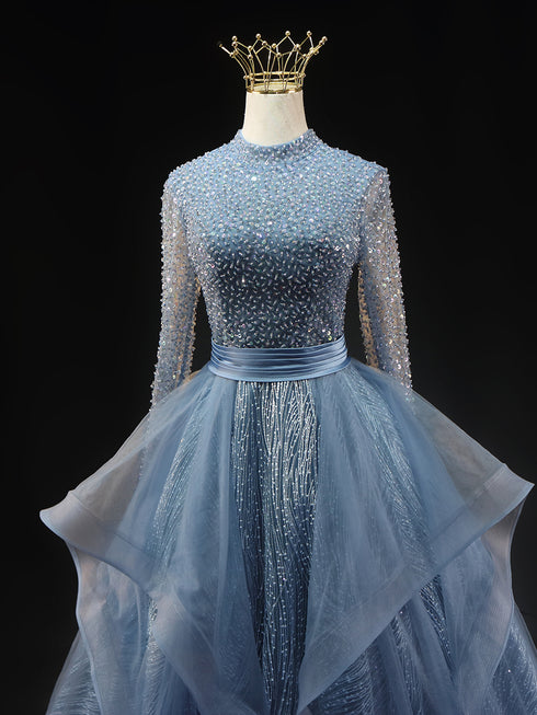 Light Blue Sequin Ball Gown Wedding Dress - Long Sleeve Wedding Dress - Sheer Corset Wedding Dress Plus Size